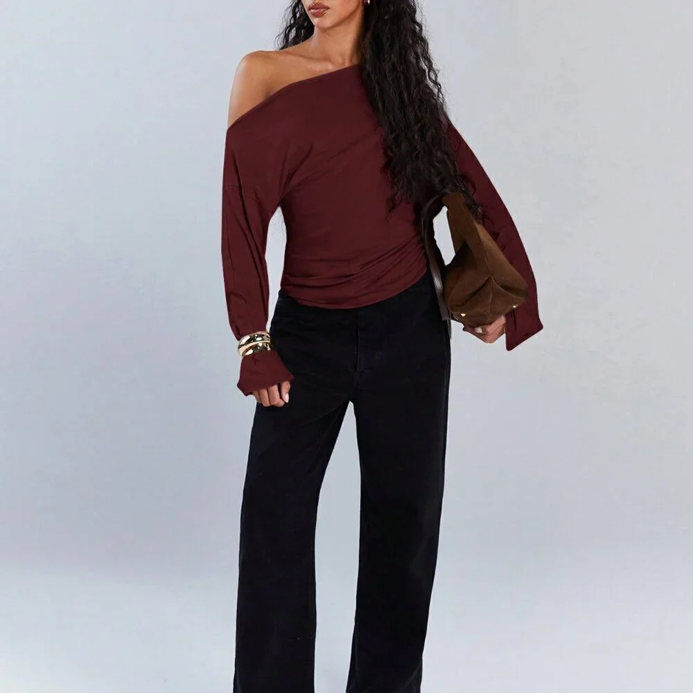 burgundy Casual Women's Asymmetric Collar Drawstring Top